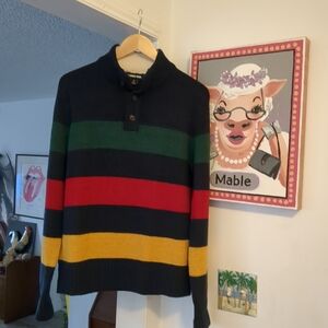 Men’s LANDS’ END Sweater Striped Henley Wool Blend Sherpa Trim SZ S (34-36)